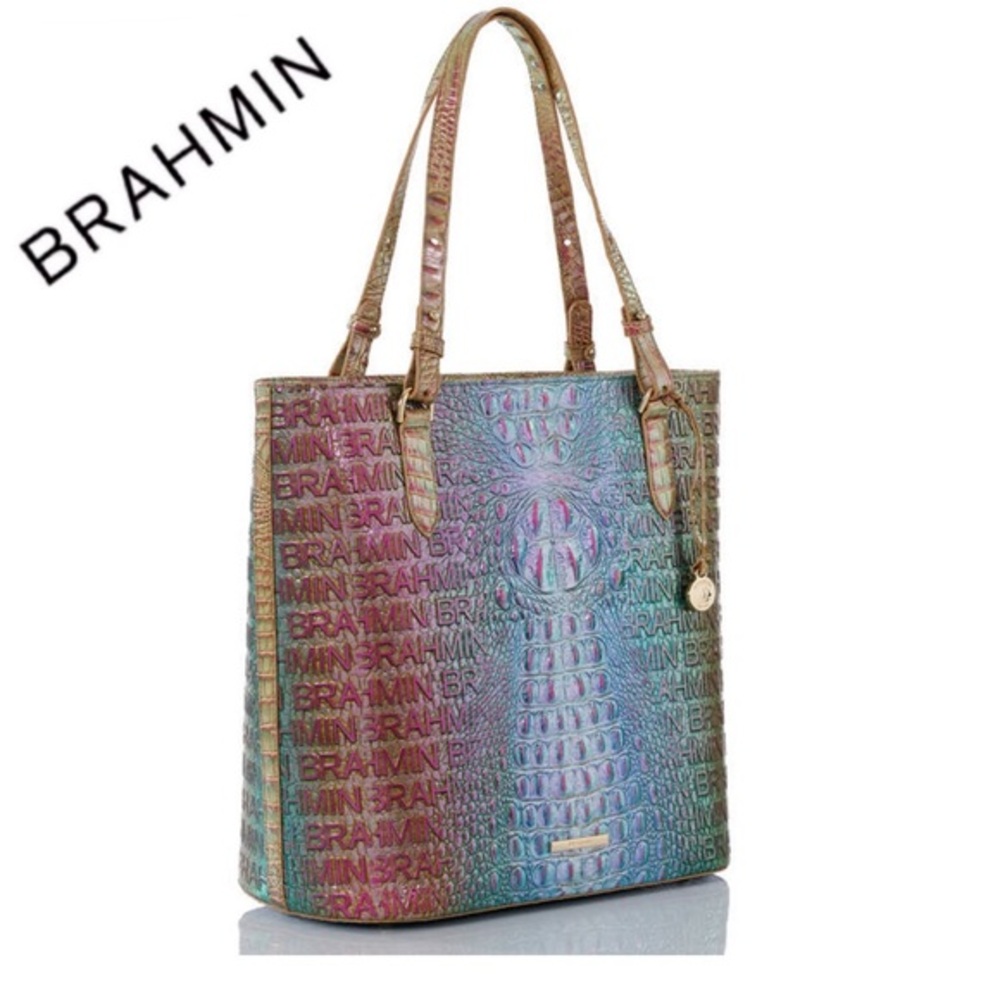 NWT BRAHMIN EZRA‎ MELBOURNE CROC-EMBOSSED LOGO PRINT LEATHER TOTE